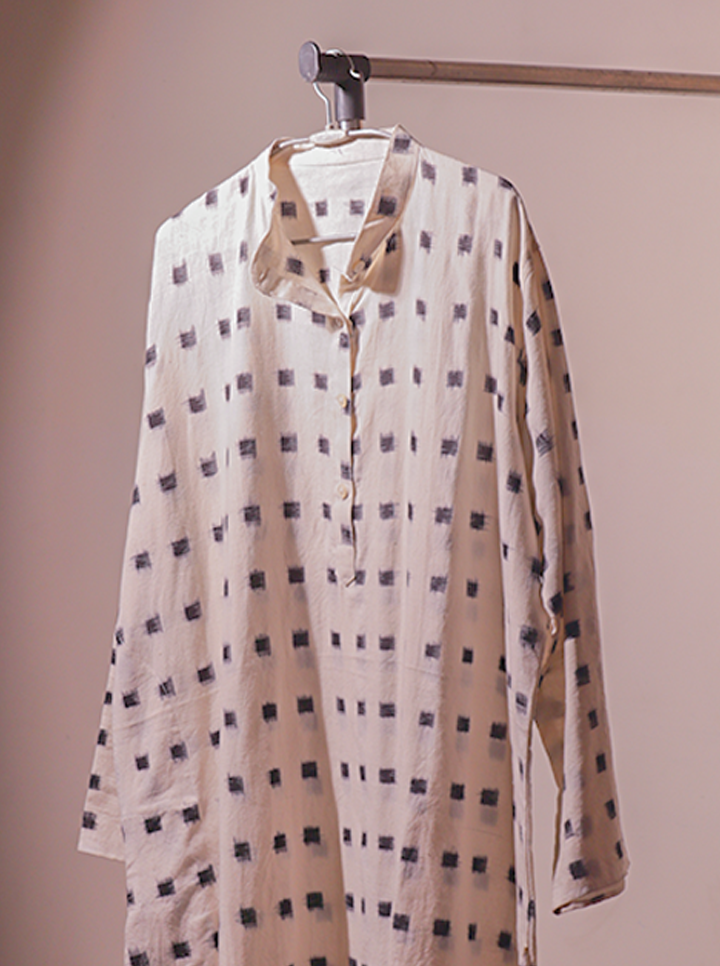 White Handblock Kurta with Black Square Motif – Minimal Meets Timeless