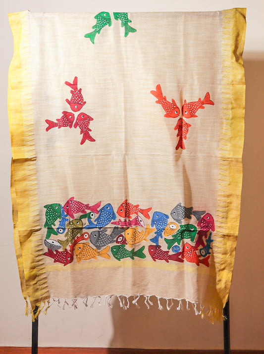 Hand Painted Patachitra Motif Dupatta (White)