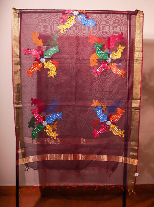 Pattachitra Handpainted Dupatta – Maroon | Fish Motif Elegance