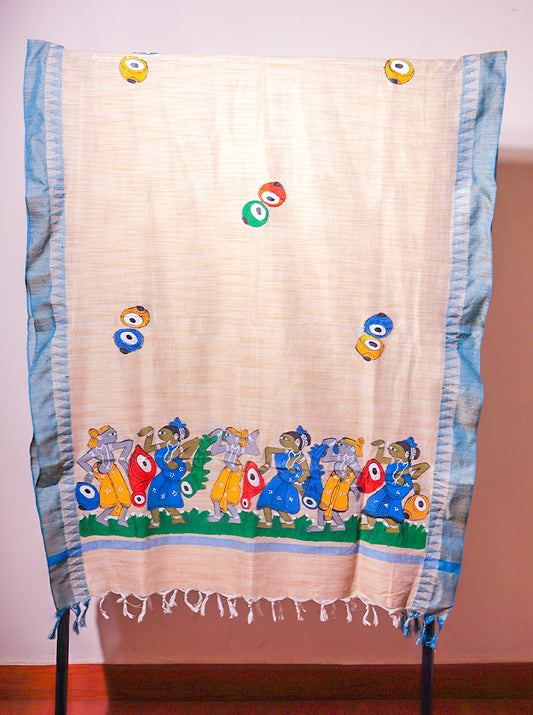 Pattachitra Handpainted Dupatta – Light Blue | Devotional Dance Motif