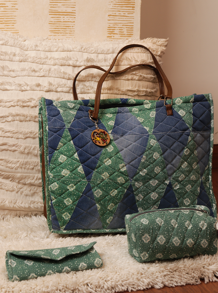 Handmade Quilted Bag Combo – 3-Piece Set (Denim Blue &amp; Green Paisley
