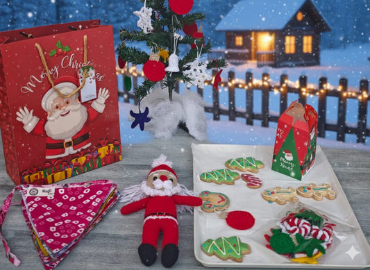 Handmade Christmas Celebration Hamper | Crochet Tree Decorations + Fabric Bunting + Christmas Cookies + Crochet Santa Doll | Premium Festive Gift Box