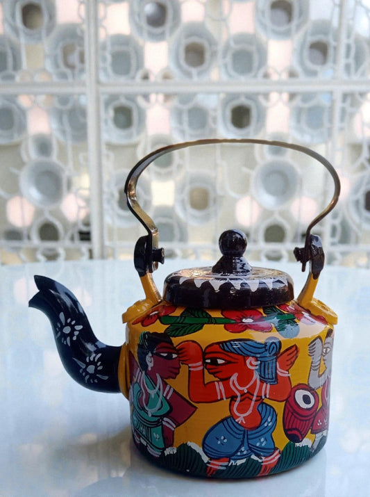 Hand-Painted Bengal Pattachitra Art Decorative Kettle | Folk Dance & Music Theme | Indian Ethnic Home Décor