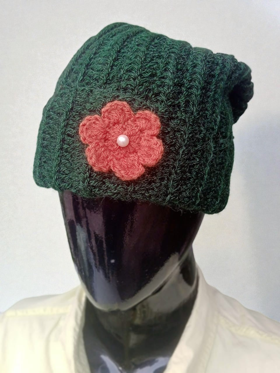 Handmade Forest Green Woolen Cap with Floral Accent