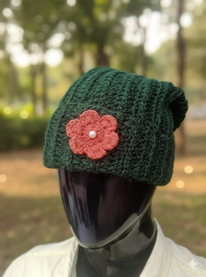 Handmade Forest Green Woolen Cap with Floral Accent