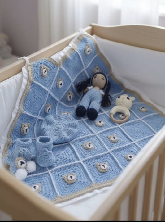 Handmade Woolen Baby Gift Set (Mat + Cap + Crochet Doll + Rabbit Rattle + Baby Shoes)