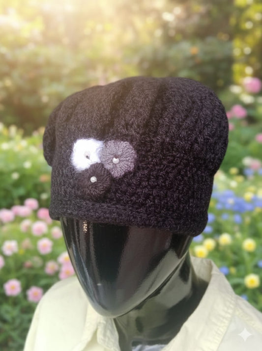 Handcrafted Black Woolen Cap with Floral Knit Motif