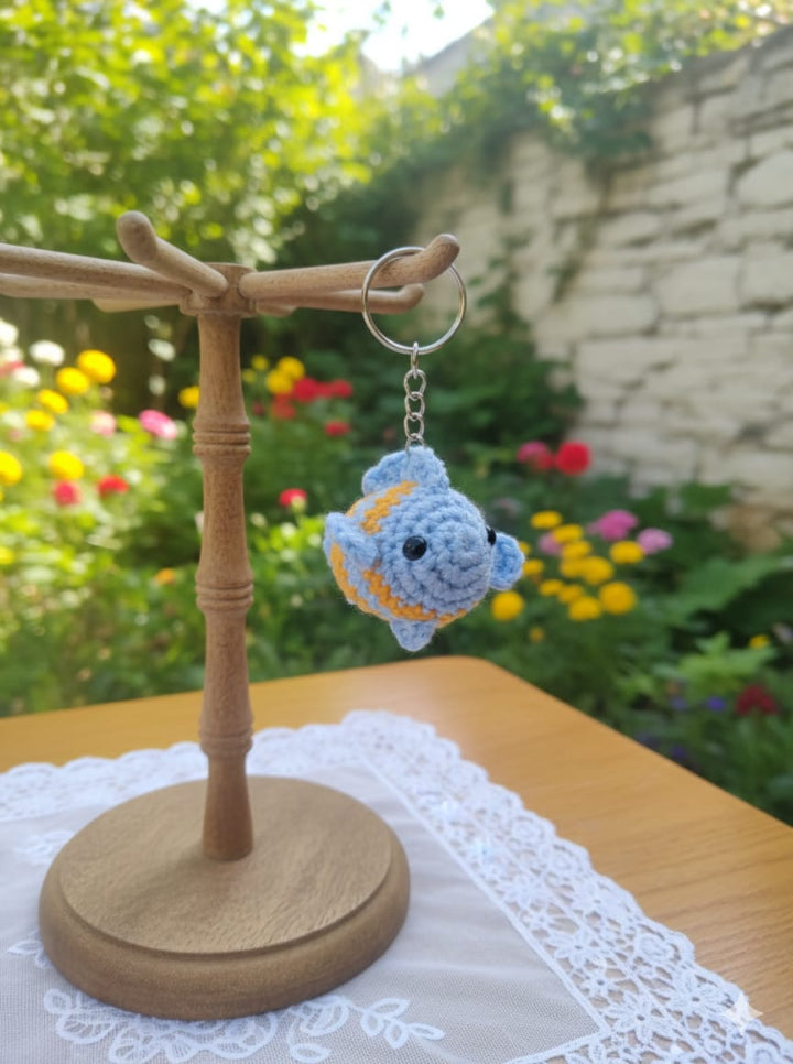 Handmade Crochet Fish Keychain – Blue & Mustard