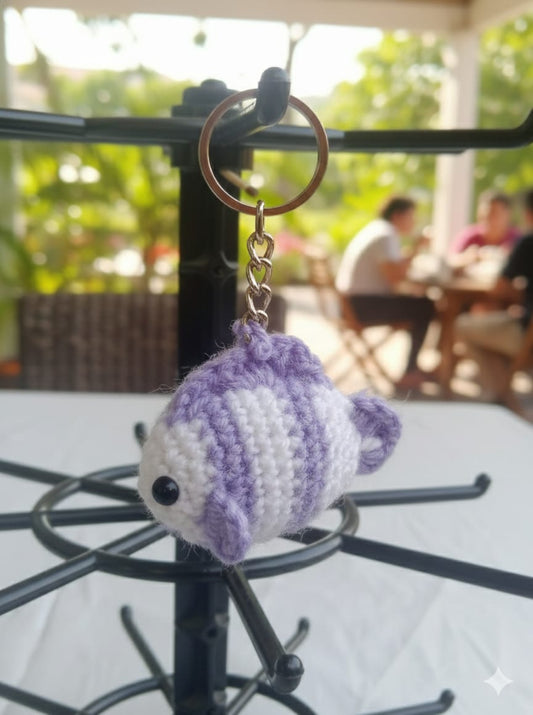 Handmade Crochet Fish Keychain – Lavender & White