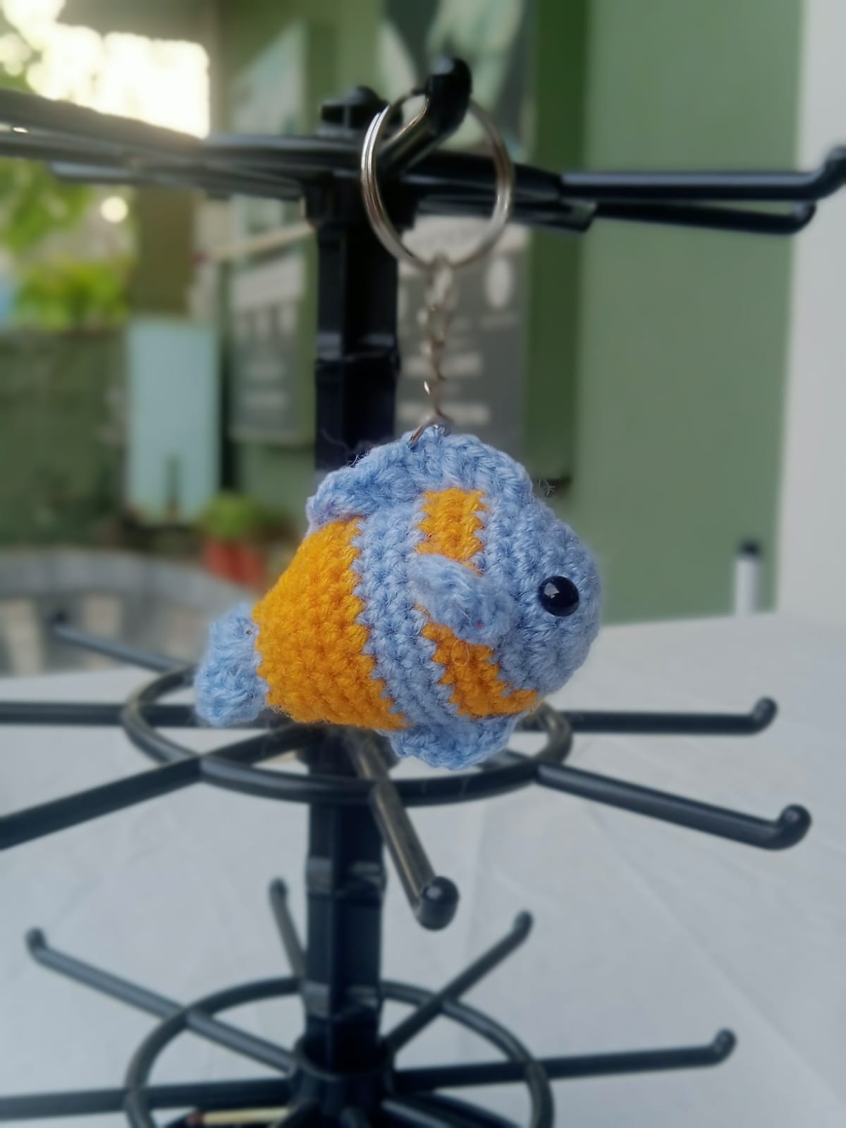 Handmade Crochet Fish Keychain – Blue & Mustard