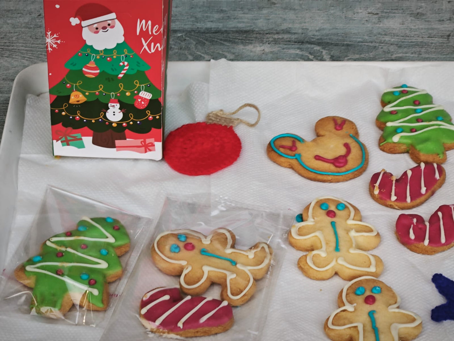 Handmade Christmas Celebration Hamper | Crochet Tree Decorations + Fabric Bunting + Christmas Cookies + Crochet Santa Doll | Premium Festive Gift Box