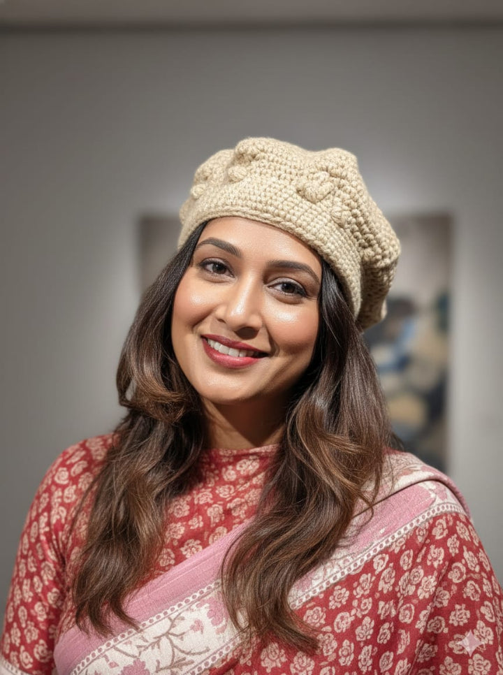 Handmade French Crochet Beret – Soft Grey Winter Cap