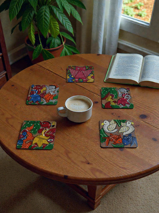 Hand-Painted Wooden Coaster Set – Tribal Art Collection