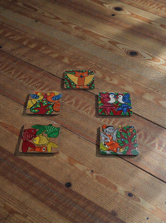 Handpainted Tribal Art Wooden Coaster Set – Set of 5