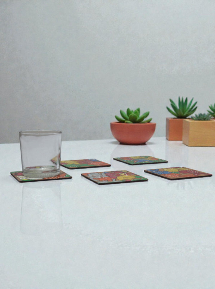Handpainted Wooden Coaster Set – Multicolor Tribal Art (Set of 5)