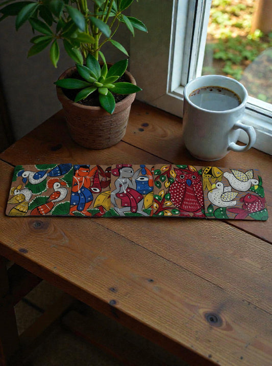 Hand-Painted Pattachitra Wooden Coasters – Set of 5 | Bengal Folk Art | Colourful Table Decor