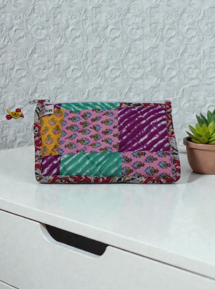 Handmade Patchwork Quilted Pouch | Multicolour Cotton Zip Pouch with Tassel | Travel, Makeup & Utility Pouch