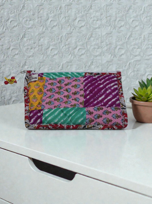 Handmade Patchwork Quilted Pouch | Multicolour Cotton Zip Pouch with Tassel | Travel, Makeup & Utility Pouch