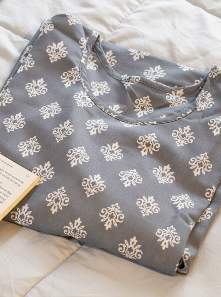Grey Kurti with White Mughal Print