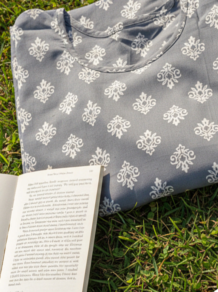 Grey Kurti with White Mughal Print
