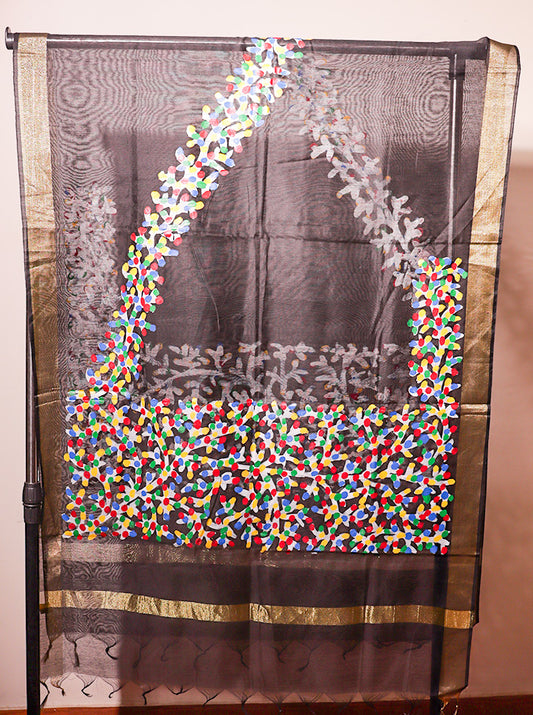 Pattachitra Handpainted Dupatta – Black | Multicolour Floral Elegance