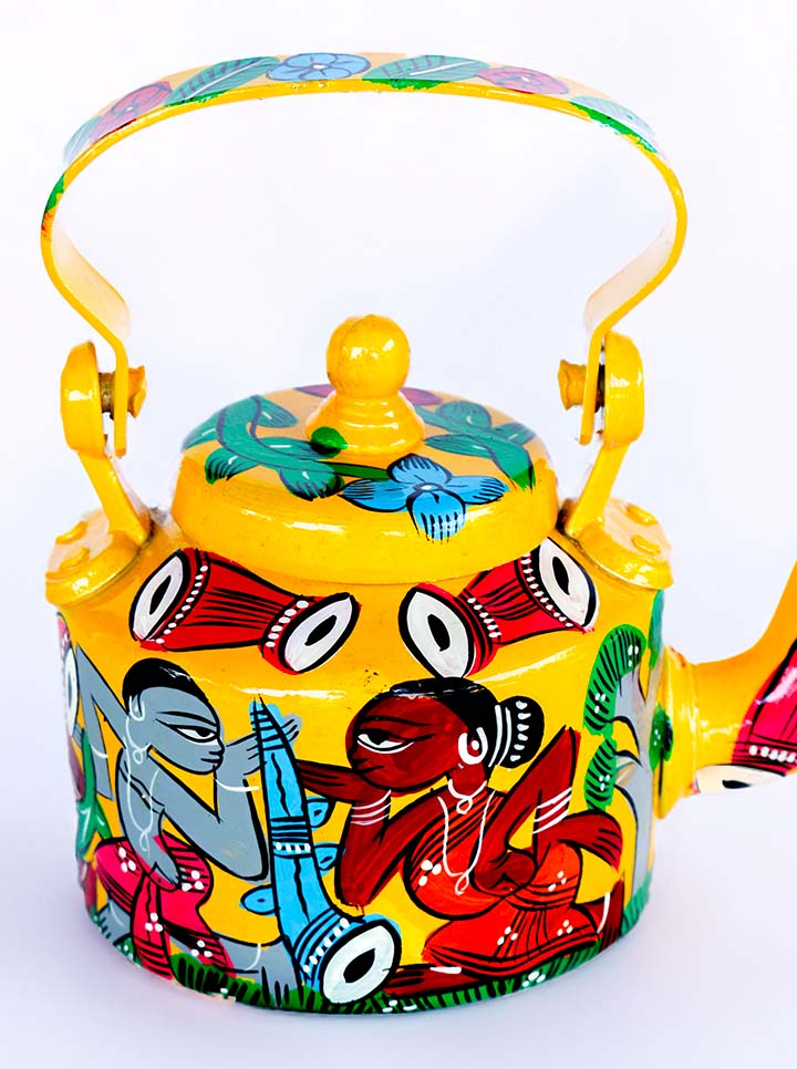 Hand-Painted Pattachitra Kettle – Tribal Folk Art Theme (Yellow)