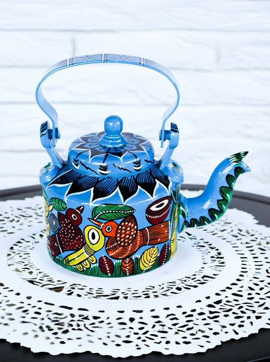 Hand-Painted Bird Pattachitra Kettle – A Fusion of Art & Functionality (Blue)