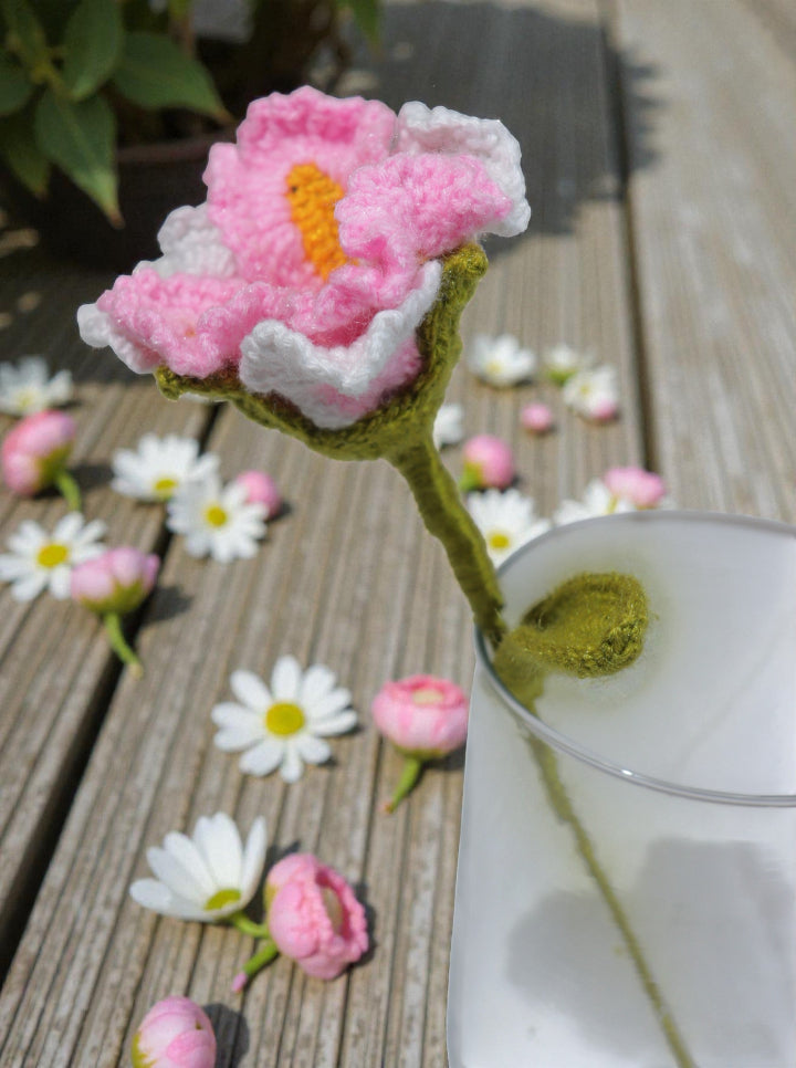Handmade Crochet Hibiscus – Pink & White (Per Stem)