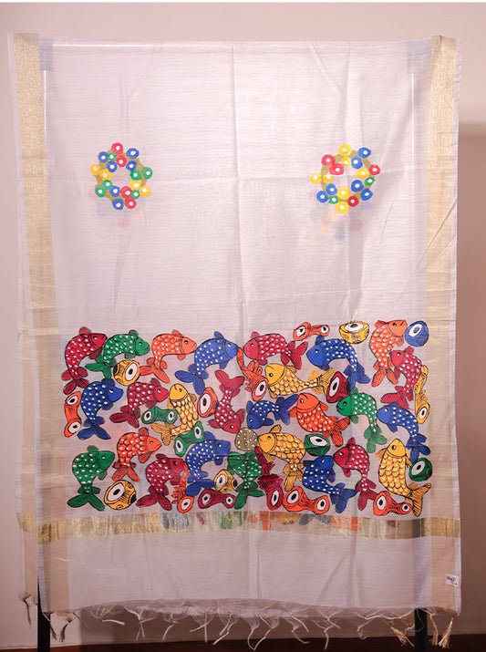 Handmade Pattachitra Dupatta (White)