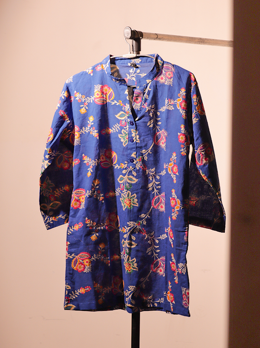 Handcrafted Indigo Blue Kaftan – Bold Blooms & Boho Spirit